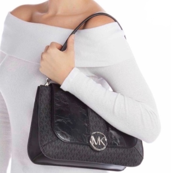 Michael Kors Lillie Signature Polished Top-Handle Satchel (Black/Silver) - Picture 1 of 11